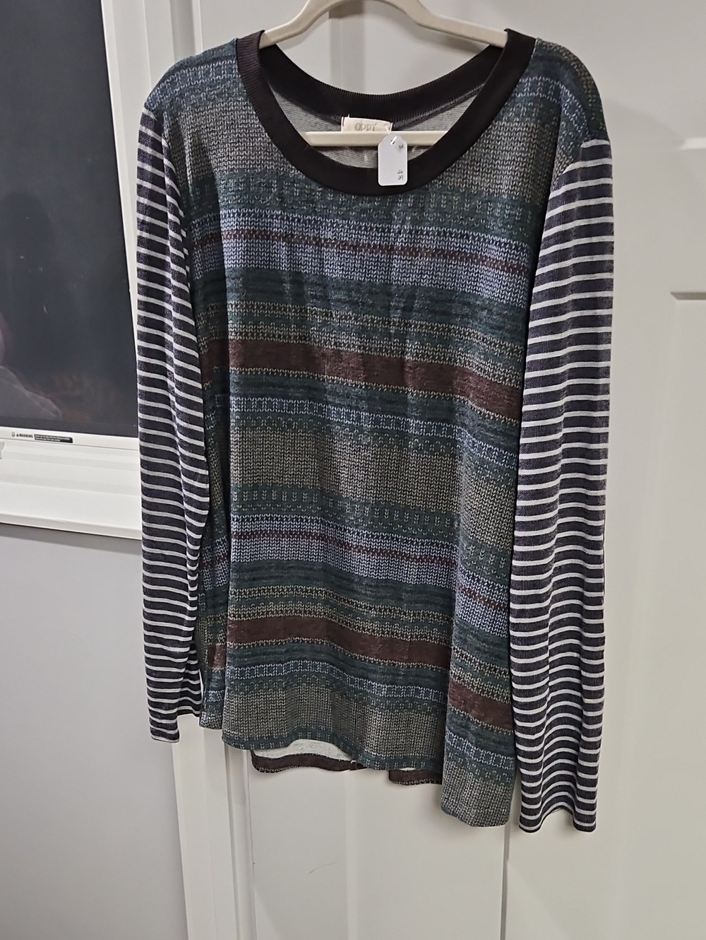 ODDY Mixed-Pattern Crewneck Sweater in Green, Brown and Navy Stripes